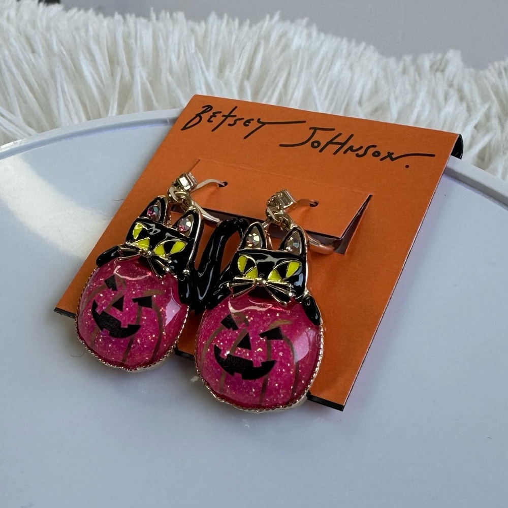 Betsey Johnson Rare Halloween Pink Pumpkin Black Cat Earrings - Picture 5 of 12